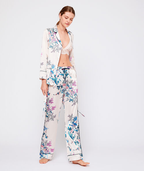 Pantalon satin imprimé fleuri ecru.