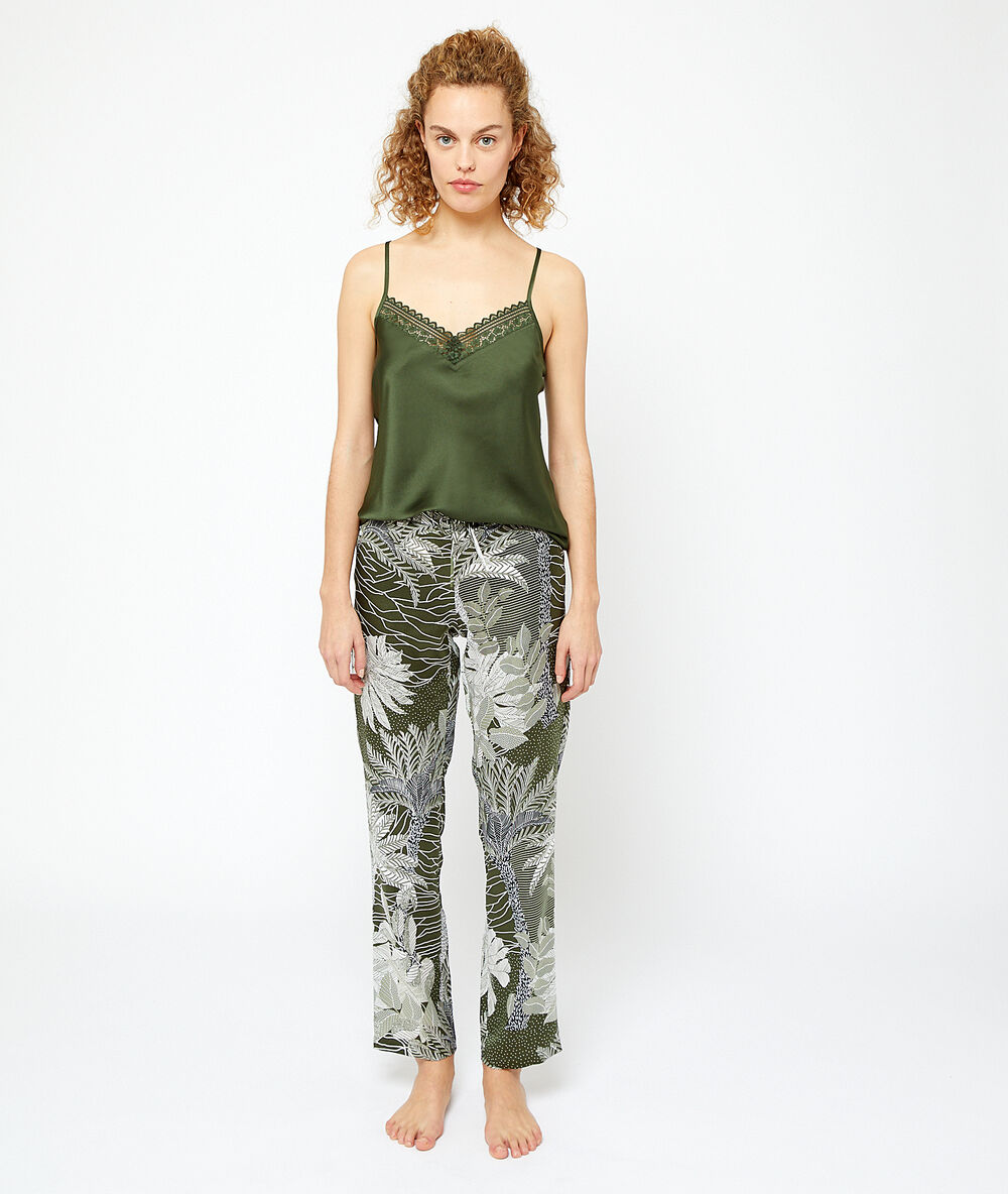 Pantalon satiné imprimé vert.