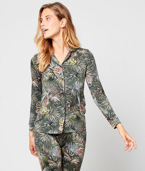 Chemise de pyjama imprim&eacute; feuillage kaki.