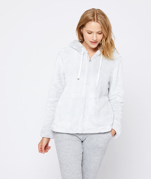 Veste fausse fourrure &agrave; capuche ecru.