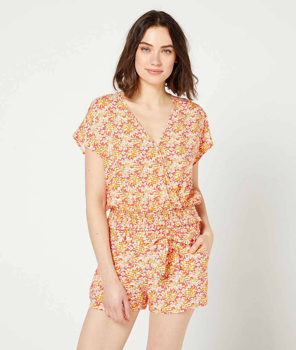 Short imprimé fleuri corail.