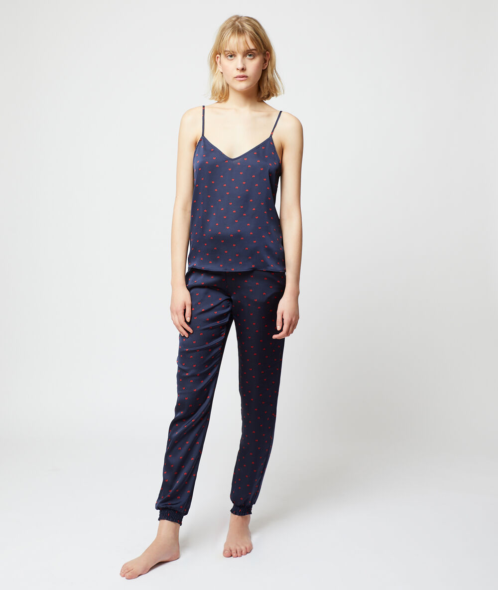 Pantalon satiné imprimé coccinelles bleu.