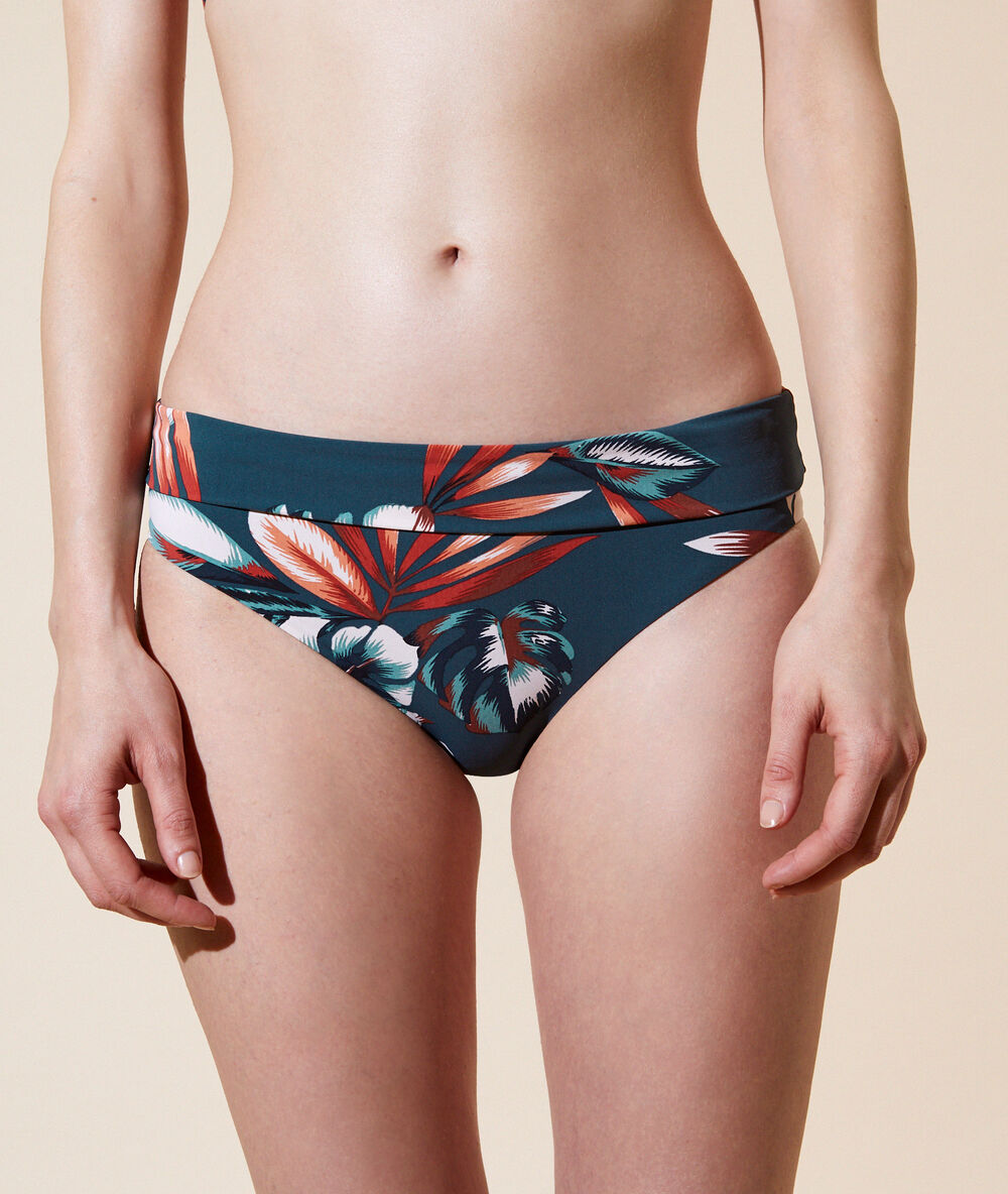 Bas de bikini taille haute, multipositions bleu petrole.
