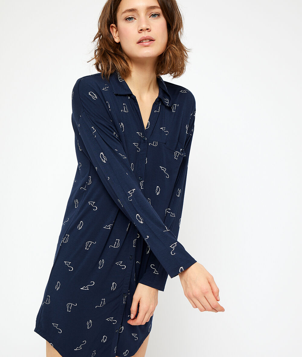 Chemise de nuit imprimé chats marine.
