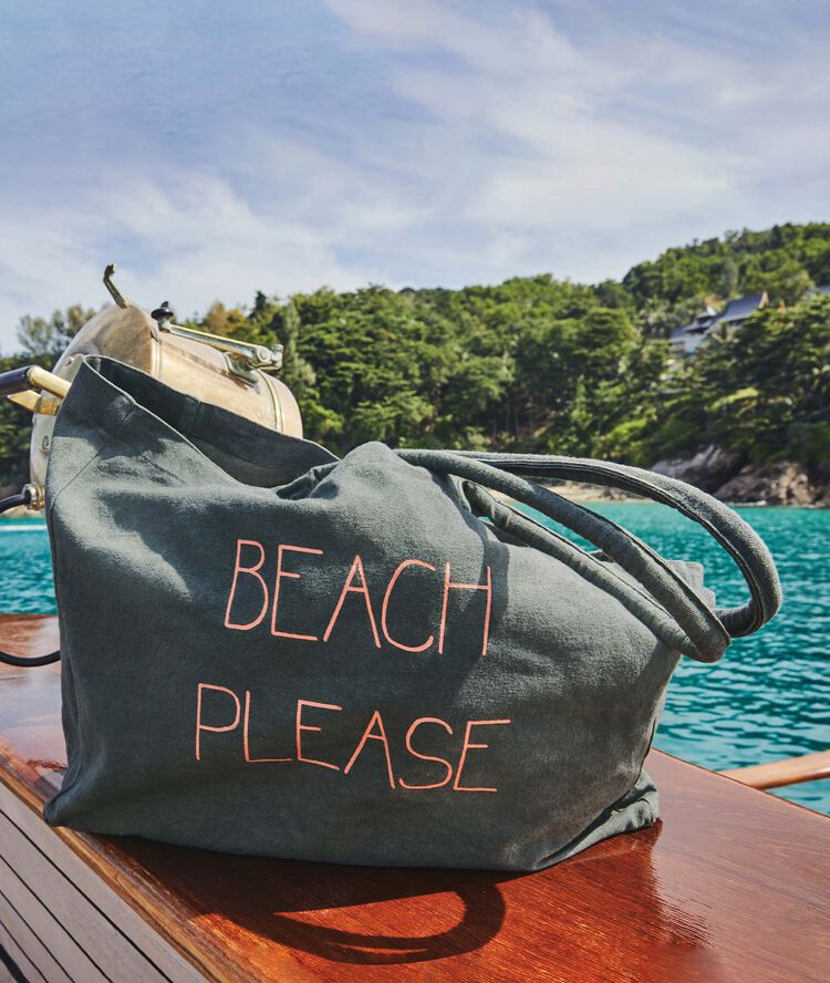 Cabas de plage "beach please" kaki.