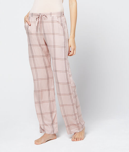 Pantalon imprim&eacute; tartan rose.