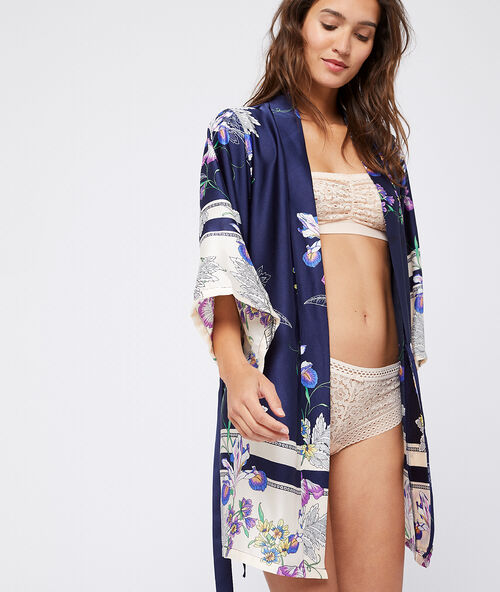 Seidig schimmernder kimono mit floralem print blau.