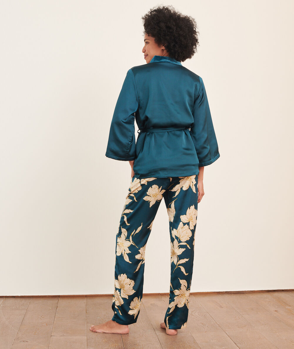 Pyjama 3 pièces satiné bleu canard.