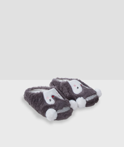 Pantoffeln aus kunstpelz mit pinguin grau.