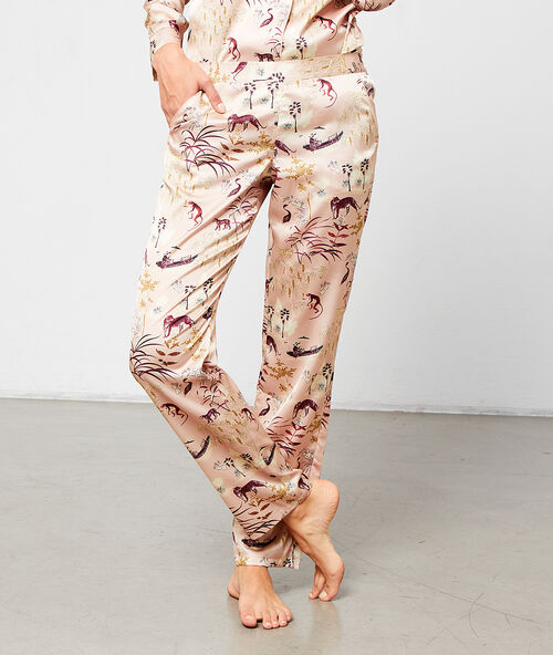 Pantalon satin&eacute; imprim&eacute; rose.
