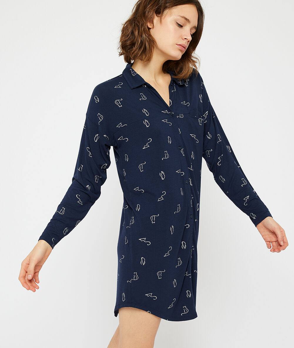 Chemise de nuit imprimé chats marine.