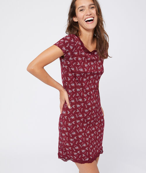 Nachthemd mit floralem print und spitze am ausschnitt burgund.