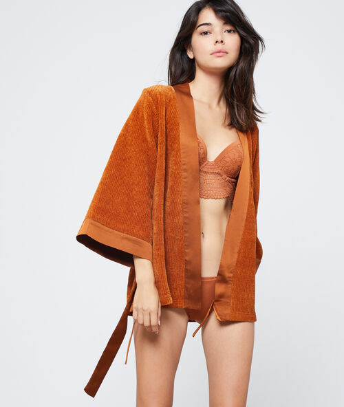 Kimono court maille chenille ocre.