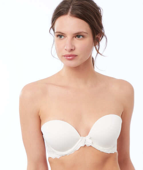 Bandeau en dentelle et microfibre, bretelles amovibles ecru.