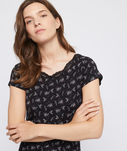 Nachthemd mit floralem print und spitze am ausschnitt schwarz.