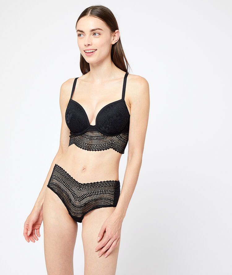 Soutien-gorge n°5 - ampliforme naturel à basque en dentelle noir.
