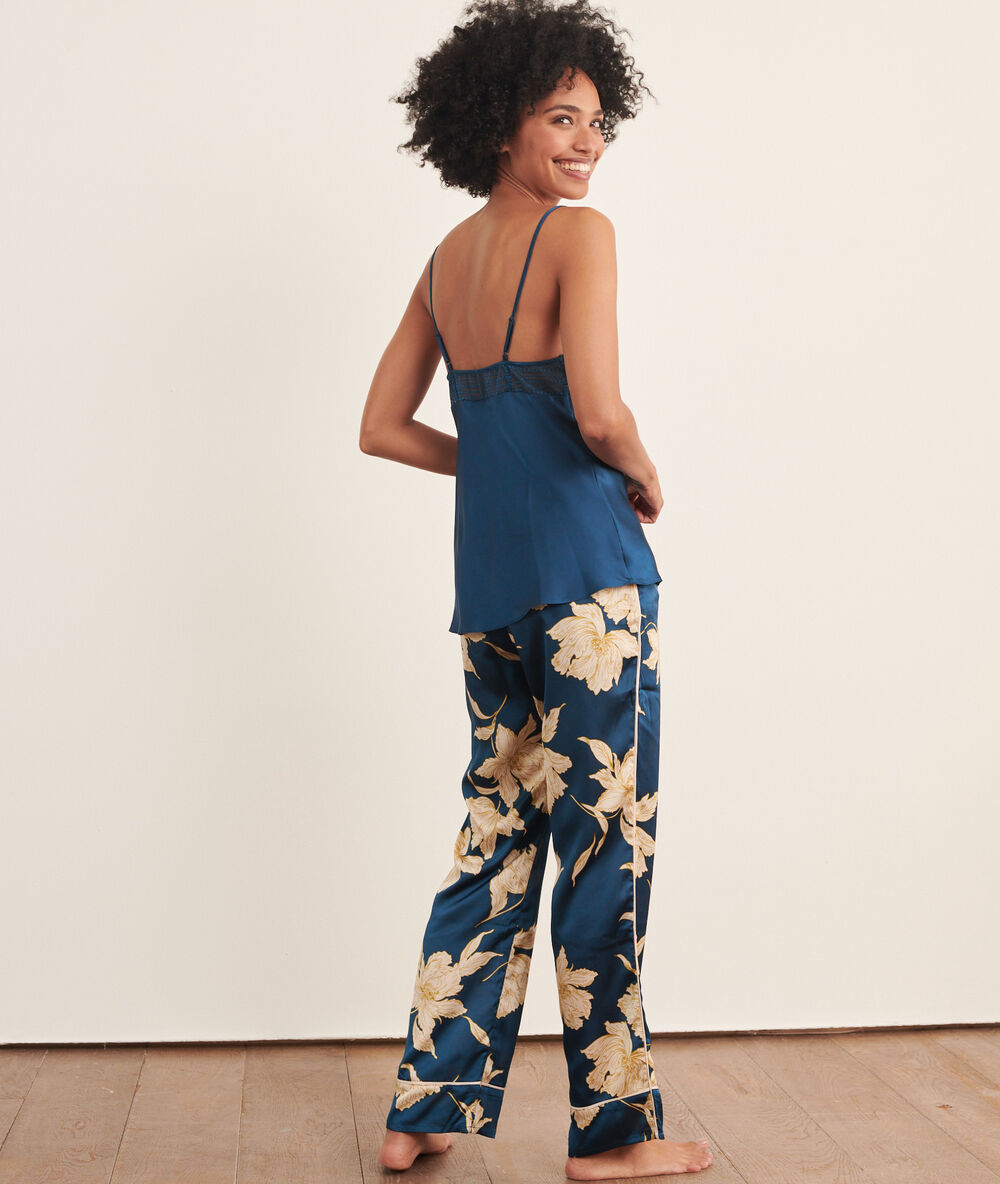 Pantalon imprimé bleu petrole.