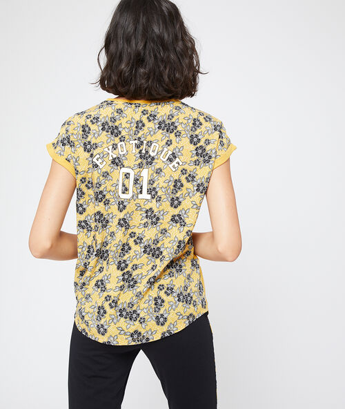 T-shirt dos fleuri message "exotique" ocre.