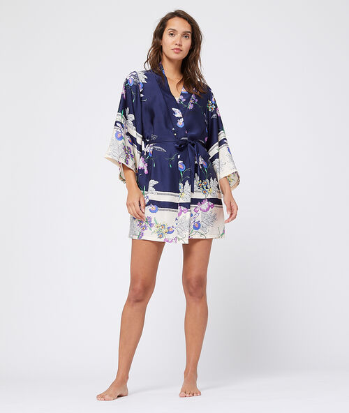 Seidig schimmernder kimono mit floralem print blau.