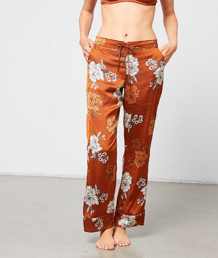Seidig schimmernde hose mit floralem print braun.