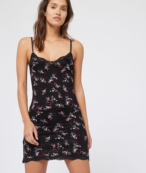 Nachthemd mit floralem print und spitze am ausschnitt schwarz.