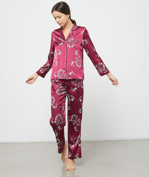 Pantalon satin imprimé fleuri bordeaux.