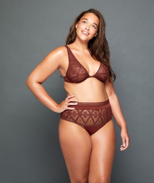 Soutien-gorge classique en dentelle graphique marron.