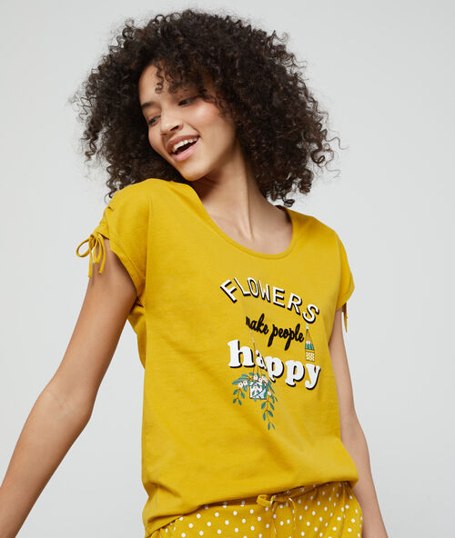 T-shirt "flowers make people happy" en coton bio jaune.